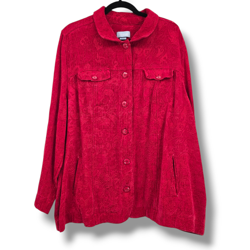Liz & Me Women's Plus Button Front Collared Tapestry Floral Paisley Print Jacket